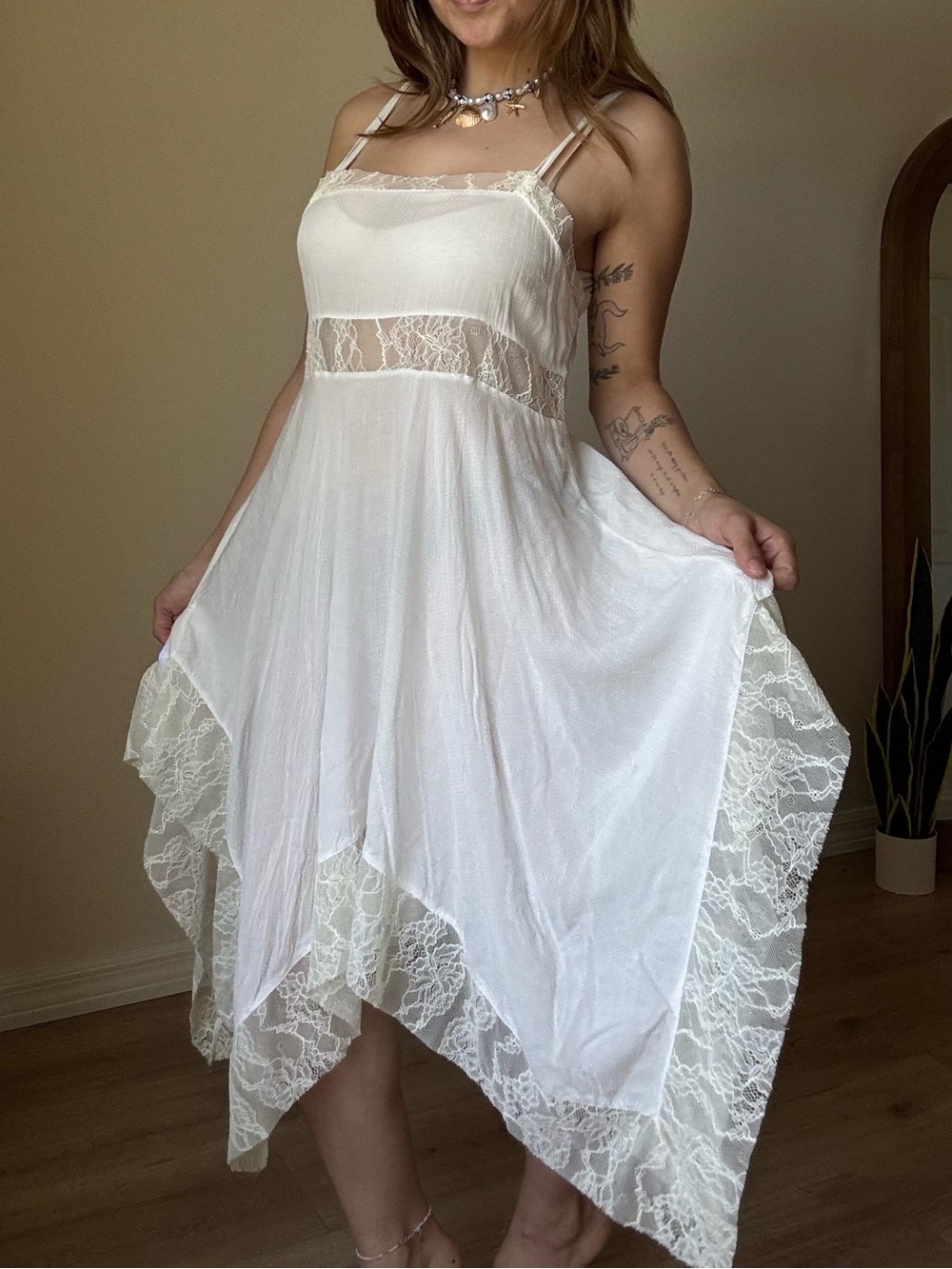 Vintage free people Lace-Trim Handkerchief Midi Dress with Spaghetti Straps